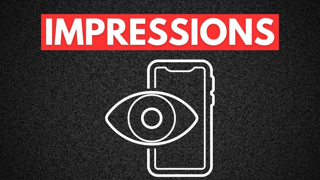 Graphic featuring the word 'Impressions' in bold white text on a red banner, with a line art illustration of an eye overlaid on a smartphone outline. The background has a dark, textured appearance, emphasizing the concept of online visibility and engagement metrics.