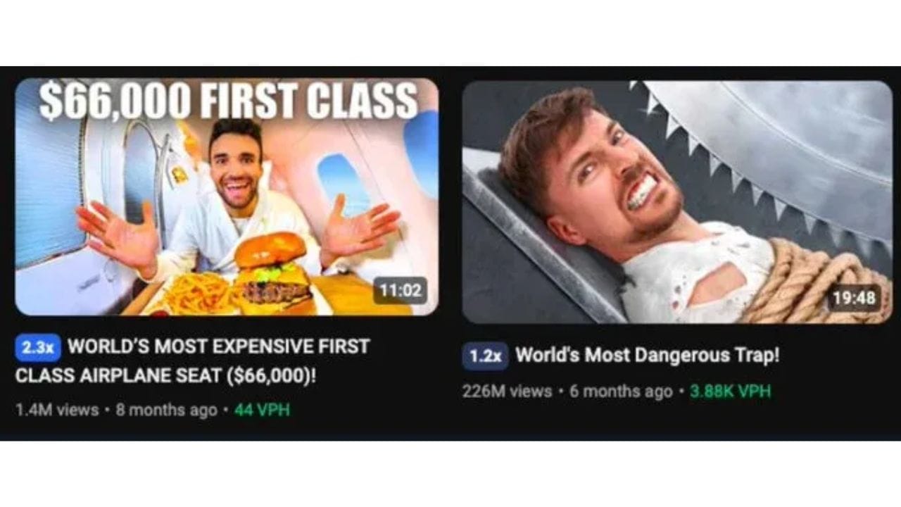 Two YouTube thumbnails side-by-side. On the left: a video titled "WORLD'S MOST EXPENSIVE FIRST CLASS AIRPLANE SEAT ($66,000)!". On the right: a video titled "World's Most Dangerous Trap!".