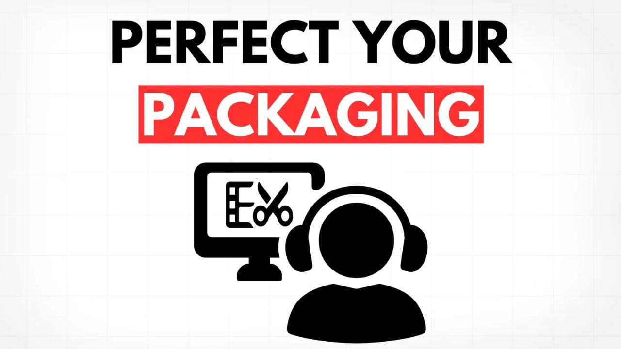 A person with headphones is editing a video on a computer screen. The text "PERFECT YOUR PACKAGING" is displayed above the image.