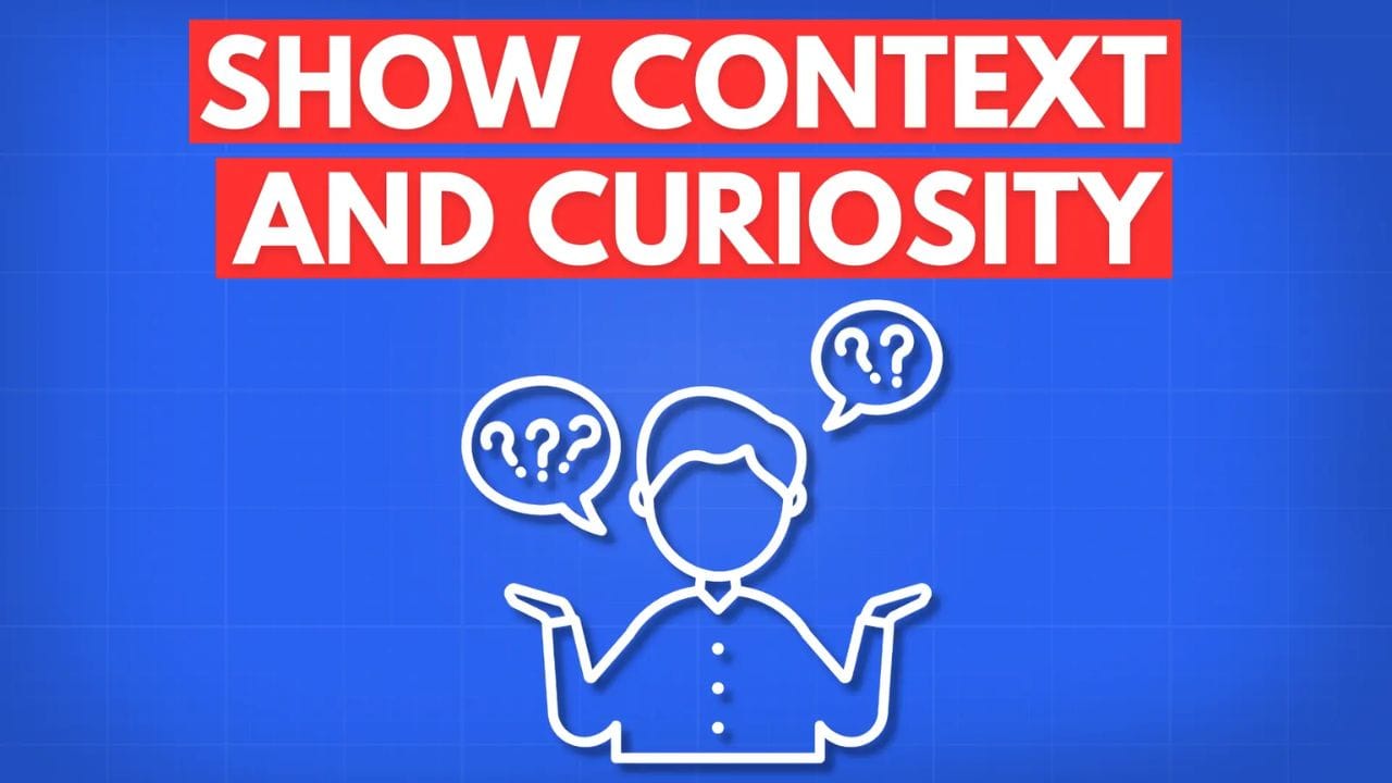 A person with question marks above their head and arms outstretched on a blue background. The text "SHOW CONTEXT AND CURIOSITY" is displayed in red above the image.