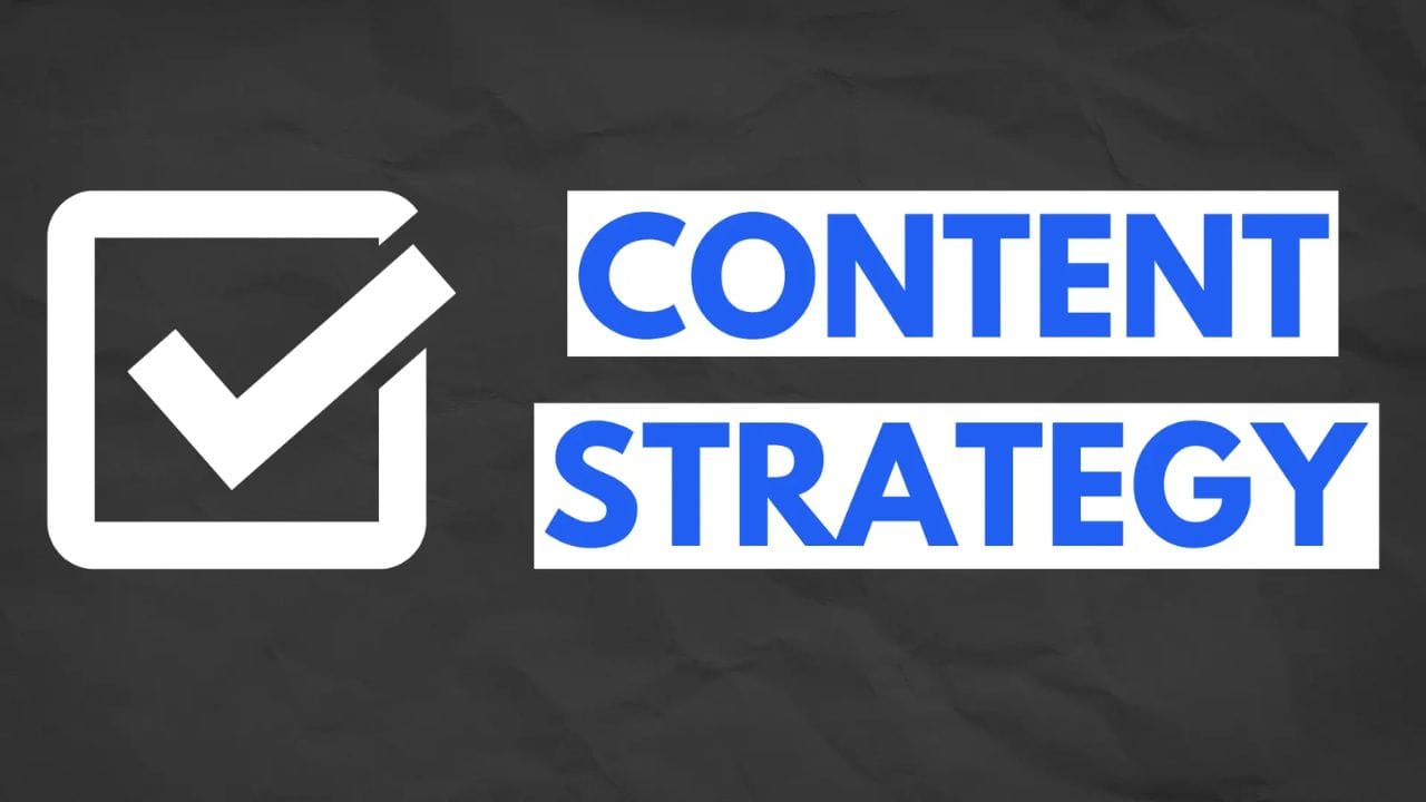 A white checkmark in a square box, followed by the text "CONTENT STRATEGY" in blue, all on a dark gray background.