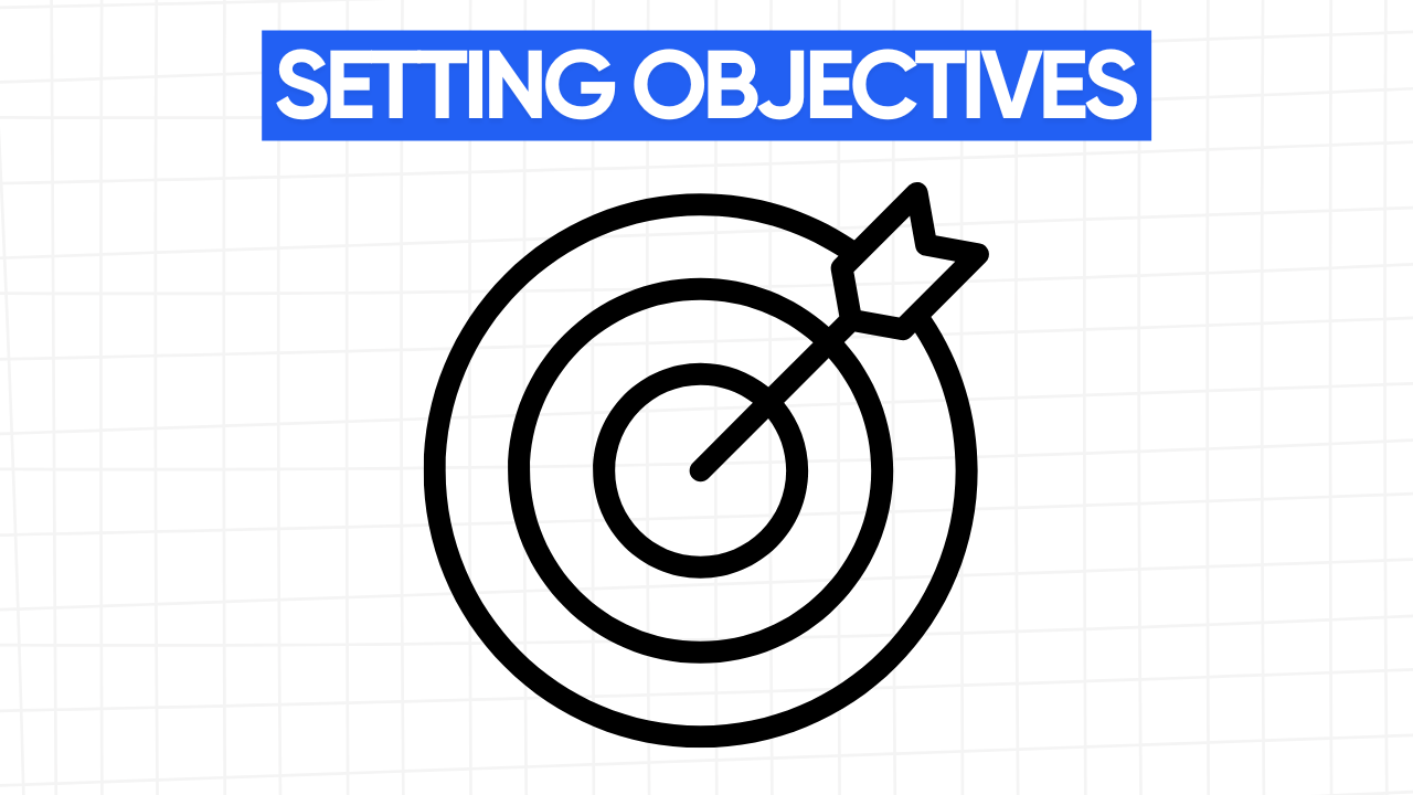 Graphic illustration of a target with an arrow hitting the bullseye, representing the achievement of objectives. The text "SETTING OBJECTIVES" is displayed in a blue banner at the top. The background is a light gray grid pattern.