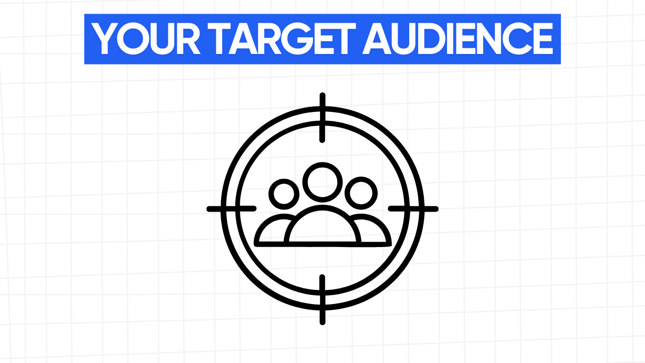 Graphic illustration of a target with a stylized group of people at the center, representing a target audience. The text "YOUR TARGET AUDIENCE" is displayed in a blue banner at the top. The background is a light gray grid pattern.