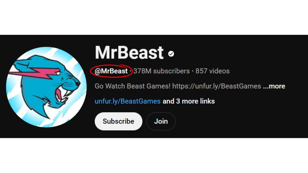 A dark-themed YouTube channel banner for MrBeast, featuring his profile picture, channel name, subscriber count, video count, and a link to his Beast Games channel. The banner also includes "Subscribe" and "Join" buttons. The channel's username "@MrBeast" is circled in red to highlight it.