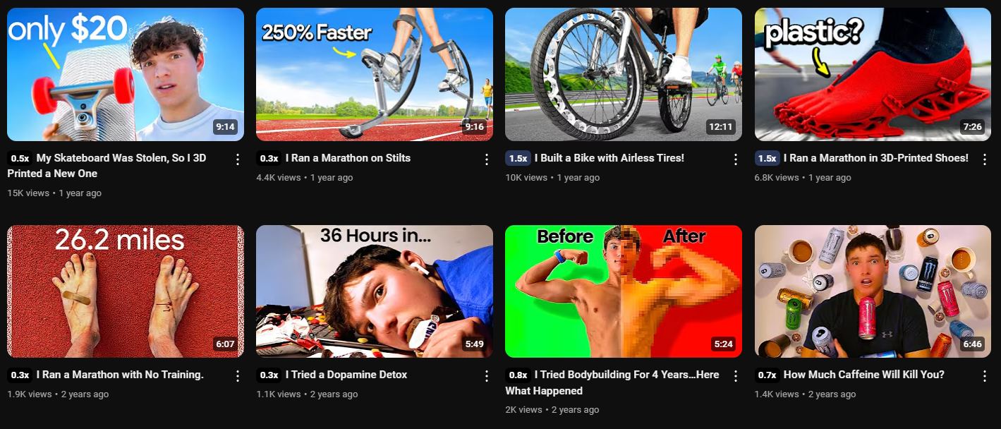 A grid of eight YouTube video thumbnails from the channel of Brandon Voloch. The thumbnails feature Brandon Voloch in various scenarios and with different experiments and challenges. The titles of the videos include: "My Skateboard Was Stolen, So I 3D Printed a New One," "I Ran a Marathon on Stilts," "I Built a Bike with Airless Tires!," "I Ran a Marathon in 3D-Printed Shoes!," "I Ran a Marathon with No Training," "I Tried a Dopamine Detox," "I Tried Bodybuilding For 4 Years...Here's What Happened," and "How Much Caffeine Will Kill You?" The thumbnails are visually diverse, showcasing experiments with 3D printing, unusual modes of transportation, fitness challenges, and explorations of physical limits.